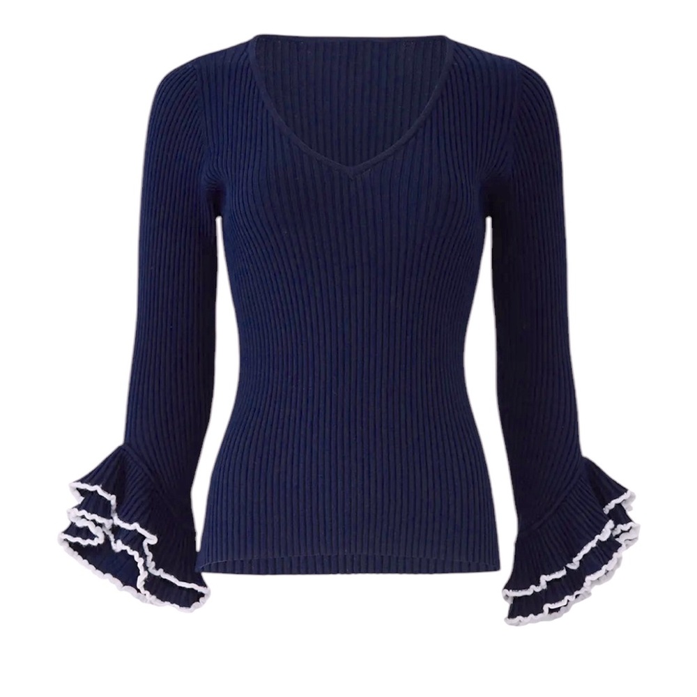 Milly Women’s Contrast Ruffle Sleeve Ribbed V- Neck Sweater All Season
